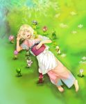  ao_no_exorcist apron barefoot blonde_hair bob_cut decom feet flower grass green_eyes highres japanese_clothes kimono looking_up lying moriyama_shiemi nature smile sunlight tree 