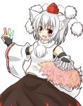  animal_ears black_gloves crayon detached_sleeves fan fingerless_gloves folding_fan gauntlets gloves glowstick hachimi hat hat_ribbon inubashiri_momiji open_mouth pom_pom_(clothes) red_eyes ribbon shirt short_hair silver_hair simple_background skirt smile solo tail tokin_hat touhou white_background wolf_ears wolf_tail 