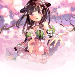  1girl artist_request bikini_top black_hair breasts cherry_blossoms cleavage copyright_request detached_sleeves purple_eyes tree violet_eyes 