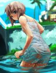  bare_shoulders blush brown_eyes brown_hair dress hamamura highres original partially_submerged see-through short_hair solo water wet wet_clothes 