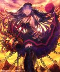  1girl bare_shoulders boots breasts character_request cleavage dress dress_lift dripping earrings elbow_gloves fingerless_gloves gloves hair_ornament heart heart-shaped_pupils jewelry large_breasts long_hair mckeee mountain open_mouth original petals pointy_ears purple_hair sheath shingeki_no_bahamut sky smile solo spike strap symbol-shaped_pupils violet_eyes 