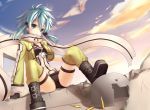  blue_eyes blue_hair boots cloud clouds fingerless_gloves gloves if_(asita) looking_at_viewer payot scarf shinon_(sao) short_shorts shorts sitting sky solo sword_art_online thigh-highs thighhighs yellow_legwear 