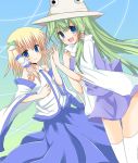 cosplay costume_switch detached_sleeves frog_hair_ornament green_hair hair_ornament hair_tubes hat kochiya_sanae kochiya_sanae_(cosplay) long_hair long_skirt moriya_suwako moriya_suwako_(cosplay) multiple_girls open_mouth payot peka_(kokoropika) short_hair skirt smile touhou white_legwear wide_sleeves