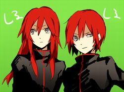  1boy alternate_hair_length alternate_hairstyle androgynous arisaka_ako dual_persona green_background grey_eyes long_hair male multiple_boys pokemon pokemon_(game) pokemon_gsc red_hair redhead short_hair silver_(pokemon) silver_(pokemon)_(classic) smile 