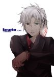  black_eyes blue_eyes cellphone command_spell fate/zero fate_(series) formal heterochromia iroha_(shiki) male matou_kariya phone solo suit watch white_background white_hair wristwatch 