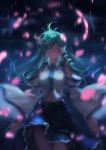  bad_id closed_eyes detached_sleeves eyes_closed frog_hair_ornament green_hair hair_ornament hair_tubes kishiyo kochiya_sanae long_hair midriff petals shirt skirt snake solo touhou wide_sleeves wind 