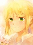  ahoge blonde_hair blush fate/zero fate_(series) feesh flower green_eyes hair_ribbon ribbon saber solo 