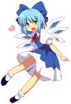  :d blue_eyes blue_hair blush bow cirno dress fang hair_bow heart matatabi_maru open_mouth short_hair simple_background smile solo touhou white_background wings 