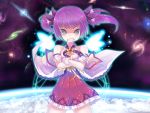 aisha_(elsword) angry clenched_teeth crossed_arms dexp dress elsword gloves highres long_hair planet purple_dress purple_eyes purple_hair skirt solo space twintails violet_eyes 