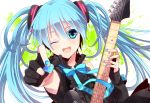  aqua_eyes aqua_hair bare_shoulders fingerless_gloves gloves guitar hatsune_miku highres instrument long_hair looking_at_viewer nail_polish open_mouth smile solo twintails very_long_hair vocaloid wink yunxko 