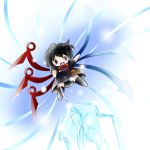  asymmetrical_wings black_hair black_legwear blush chibi houjuu_nue open_mouth polearm short_hair smile solid_circle_eyes solo touhou weapon wings yume_shokunin 