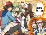  3boys bag bare_legs bare_shoulders baseball_cap blue_eyes brown_eyes brown_hair denim denim_shorts ebglish english female_protagonist_(pokemon_bw2) green_eyes green_hair hat inukai_(g_a) jacket kyouhei_(pokemon) male_protagonist_(pokemon_bw2) mei_(pokemon) multiple_boys multiple_girls n_(pokemon) pokemon pokemon_(game) pokemon_bw pokemon_bw2 raglan_sleeves ribbon romaji shorts surprised touko_(pokemon) touya_(pokemon) vest visor_cap wristband you_gonna_get_raped 