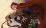  black_hair clenched_teeth fate/zero fate_(series) grey_eyes male mask_alice multiple_boys necktie open_hand outstretched_arm red_eyes red_hair redhead rider_(fate/zero) rope sheath sheathed short_hair silver_eyes smile sword tears waver_velvet weapon 