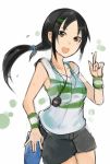 :d black_eyes black_hair hair_ornament hairclip idolmaster long_hair nerotarou@seven open_mouth ponytail rookie_trainer shorts smile solo stopwatch tank_top trainer_(idolmaster) watch wink wristband 