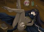  black_eyes black_hair bodysuit bracelet breasts cuffs feet fire_emblem fire_emblem:_kakusei getter grin hair_ornament jewelry legs legs_up long_hair lying on_back sarja see-through skull smile snake solo 