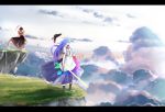 blue_hair cloud clouds hat hat_removed headwear_removed hinanawi_tenshi letterboxed long_hair long_skirt multiple_girls nagae_iku purple_hair red_eyes rock shawl skirt sword sword_of_hisou touhou wakame_mi weapon wind