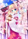  :d blonde_hair blue_eyes cat cherry_blossoms detached_sleeves hair_ribbon highres hug japanese_clothes long_hair mikeou miko open_mouth original petals ribbon sky smile solo torii tree twintails 