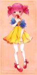  apple blush cosplay dress drill_hair eating food fruit grimm&#039;s_fairy_tales grimm's_fairy_tales hair_ribbon highres hoshizora_miyuki kuzumochi looking_at_viewer pink_eyes pink_hair precure red_shoes ribbon shoes smile_precure! snow_white snow_white_(cosplay) snow_white_(grimm) snow_white_and_the_seven_dwarfs solo standing thigh-highs thighhighs twin_drills white_legwear yellow zettai_ryouiki 