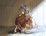  bow braid coat daro dirty grey_hair hair_bow highres indoors izayoi_sakuya knees_to_chest leg_hug loafers maid_headdress messy_hair red_eyes shoes sitting sketch solo sunlight touhou young 