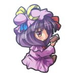  book bow crescent dress hair_bow hat hat_ribbon long_hair patchouli_knowledge purple_eyes purple_hair reading ribbon ryogo simple_background solo touhou violet_eyes 