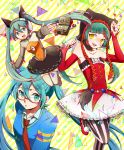  3girls cat_food_(vocaloid) glasses green_eyes green_hair hatsune_miku headphones long_hair multiple_girls necktie odds_&amp;_ends_(vocaloid) open_mouth pantyhose paw_pose project_diva_f robot skirt striped striped_background thigh-highs twintails vertical-striped_legwear vertical_stripes very_long_hair vocaloid yamano yellow_eyes 