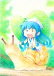  blue_hair chibi dress gofu hat leaf mini-ikamusume minigirl open_mouth shinryaku!_ikamusume smile snail solo tentacle_hair traditional_media 