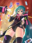  alternate_hairstyle aqua_eyes aqua_hair cane card fishnet_pantyhose fishnets gloves hat hatsune_miku headset highres holding leotard long_hair magician magister_(bigbakunyuu) miracle_paint_(vocaloid) pantyhose playing_card short_hair solo thigh-highs thighhighs top_hat vocaloid white_gloves 