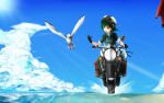  androgynous animal bird cloud clouds fur_hat gloves goggles goggles_on_head green_eyes green_hair hat hermes highres ilis kino kino_no_tabi motor_vehicle motorcycle reverse_trap seagull short_hair sky sleeves_rolled_up vehicle water 