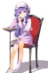  1girl adapted_costume alternate_costume barefoot book bow capelet chair crescent dress hair_bow hair_ornament hasebe_yuusaku hat hat_bow long_hair long_sleeves looking_at_viewer mob_cap patchouli_knowledge purple_hair simple_background sitting socks solo touhou violet_eyes white_background white_legwear 