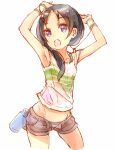  :o armpits arms_up black_hair bottle hair_ornament hairclip hato_haru highres idolmaster idolmaster_cinderella_girls long_hair midriff open_fly open_mouth panties purple_eyes rookie_trainer short_shorts shorts simple_background solo sweat tan tanline trainer_(idolmaster) underwear unzipped violet_eyes water_bottle white_background wristband 