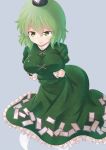  &gt;:) 307 breast_hold breasts dress frilled_dress frills ghost ghost_tail green_dress green_eyes green_hair hat short_hair simple_background smile soga_no_tojiko solo tate_eboshi touhou 