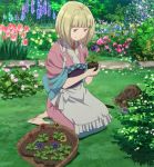  absurdres ao_no_exorcist apron barefoot bellflower blonde_hair blush bob_cut dirt feet flower garden garden_shovel green_eyes highres japanese_clothes kimono looking_at_viewer moriyama_shiemi nature pansy screencap shovel smile trowel tulip worktool 