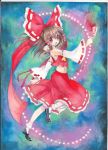  :d bare_shoulders bow brown_eyes brown_hair colored_pencil_(medium) detached_sleeves hair_bow hair_ribbon hakurei_reimu looking_at_viewer miko mosho navel ofuda open_mouth ribbon smile solo touhou traditional_media watercolor_(medium) 