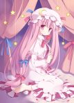  barefoot crescent curtains dress flower hat holding holding_flower long_hair looking_at_viewer mizuse_kiseki patchouli_knowledge purple_eyes purple_hair sitting solo star striped touhou violet_eyes 