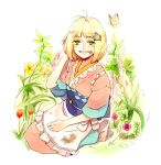  ao_no_exorcist apron barefoot bird blonde_hair blush bob_cut butterfly dirt dirty dirty_feet face feet flower garden green_eyes japanese_clothes kimono looking_at_viewer moriyama_shiemi nature open_mouth smile solo yuru_(kyg719) 