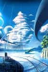  1girl arm_support barefoot bridge brown_hair clouds fantasy highres landscape original overgrown pleated_skirt ponytail railroad_tracks ripples ruins scenery sign sitting skirt sky solo water zuppon 