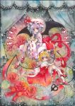 bat blonde_hair blue_hair curtains flandre_scarlet flower gloves hat hat_ribbon mary_janes mosho multiple_girls no_wings red_eyes red_rose remilia_scarlet ribbon rose shoes side_ponytail smile touhou traditional_media watercolor_(medium) wings 