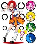  &gt;_&lt; adjusting_glasses aoki_reika bespectacled blue-framed_glasses candy_(smile_precure!) eye_chart glasses green-framed_glasses hair_ornament hairpin half_rim_glasses heart-shaped_glasses highres hino_akane hoshizora_miyuki kise_yayoi loafers mahkn midorikawa_nao multiple_girls necktie pink-framed_glasses precure red-framed_glasses school_uniform semi-rimless_glasses shoes sleeves_rolled_up smile_precure! socks standing sweater sweater_around_waist title_drop under-rim_glasses under_rim_glasses wink yellow-framed_glasses 