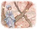 breasts butterfly cherry_blossoms hat highres japanese_clothes night247 obi pink_hair red_eyes ribbon river saigyouji_yuyuko short_hair sitting smile solo touhou tree triangular_headpiece water 