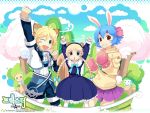  animal_ears blonde_hair blue_eyes blue_hair blush bow boxing_gloves braid bunny_(trickster) bunny_ears cat_ears dress fang frills green_eyes headband hoodie jacket lion_(character) lion_(trickster) long_hair open_mouth pleated_skirt rabbit_ears red_eyes short_hair shorts skirt trickster twin_braids wings wink 