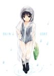  bag black_hair coffee-kizoku copyright_request engrish hood long_hair raincoat ranguage rubber_boots school_bag school_swimsuit see-through smile solo swimsuit swimsuit_under_clothes typo water_drop 