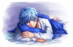  bad_id blanket blue_eyes blue_hair k_(tilt1215) kuroko_no_basket kuroko_no_basuke kuroko_tetsuya looking_at_viewer lying male pillow short_hair solo 