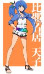  adapted_costume alternate_eye_color alternate_hairstyle bare_legs blouse blue_eyes blue_hair feet food fruit fuantei hand_on_hip hand_on_hips hinanawi_tenshi orange_background peach ponytail sandals shorts smile solo touhou 