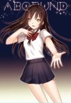  brown_eyes brown_hair dress_shirt hand_on_own_chest long_hair looking_at_viewer original outstretched_arm outstretched_hand school_uniform shirt skirt smile solo udk 