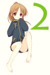  bad_anatomy bad_feet barefoot bottomless brown_hair feet long_hair naked_track_jacket no_panties no_pants ponytail red_eyes saki saki_achiga-hen sitting sketch sleeves_past_wrists smile solo takakamo_shizuno tokumi_yuiko track_jacket 