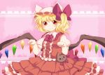  adapted_costume aenobas arms_up bad_id blonde_hair bow bowtie buttons dress_shirt eyelashes flandre_scarlet frills frown hair_bow hammer_(sunset_beach) hat hat_bow hat_with_ears lace looking_at_viewer outline paw_pose pink_background red_eyes shirt short_hair short_sleeves side_ponytail skirt solo striped striped_background stuffed_animal stuffed_toy sweatdrop touhou vest wings 
