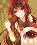  apron brown_eyes brown_hair holding long_hair original petals smile solo tea_kettle teapot white_background ysry 