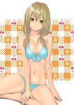  :o bikini blonde_hair breasts brown_eyes character_name cherry cleavage erect_nipples food front-tie_top fruit long_hair navel open_mouth original shiny shiny_skin sirumeria sitting skindentation solo strawberry swimsuit 