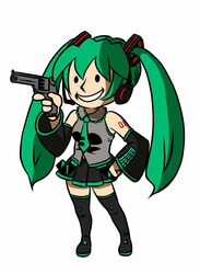  boots detached_sleeves fallout green_hair grin gun gyamo hand_on_hip hatsune_miku highres hips necktie pleated_skirt revolver skirt smile tattoo thigh-highs thigh_boots thighhighs twintails vault_boy vocaloid weapon 