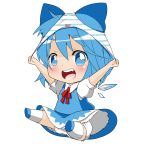  absurdres arms_up berry_jou bloomers blue_dress blue_eyes blue_panties blush bow chibi cirno dress hair_bow highres object_on_head open_mouth panties panties_on_head shirt short_hair smile solo strap_pull striped striped_panties touhou underwear wings 